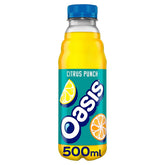 A 500ml bottle of Oasis Citrus Punch fruit juice drink with a blue cap and citrus-themed label.